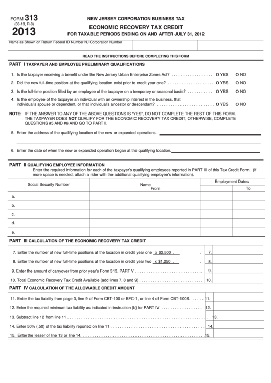 Form 313 Economic Recovery Tax Credit 2013 Printable Pdf Download 